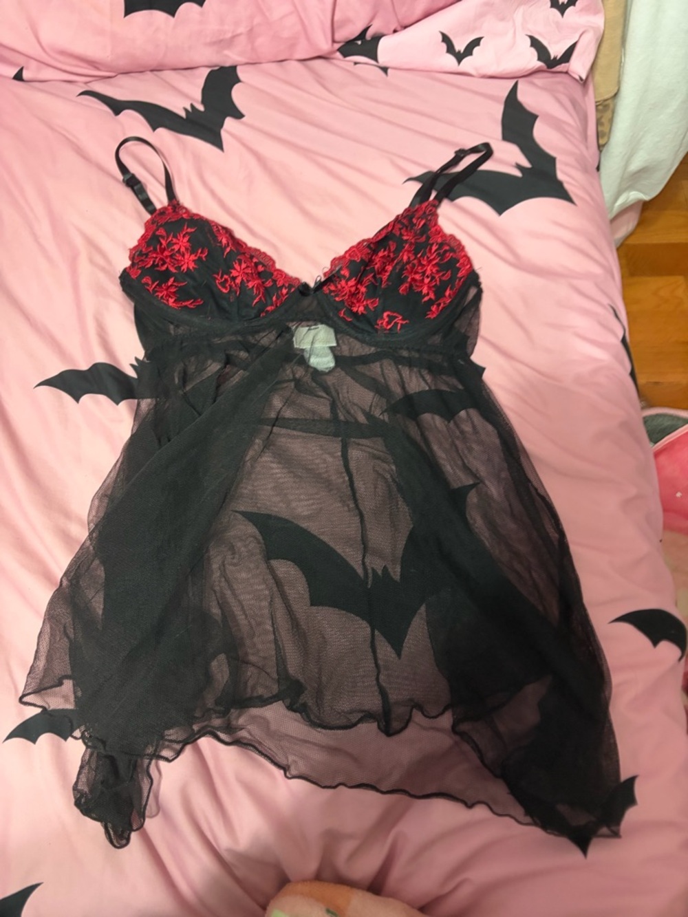 Sheer Black Babydoll Lingerie with Red Embroidered Cups